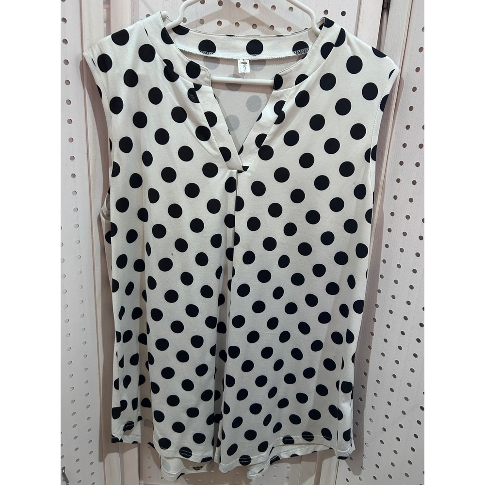 Newport News White Black Polka Dot V Neck Sleeveless Top Shirt Women's M